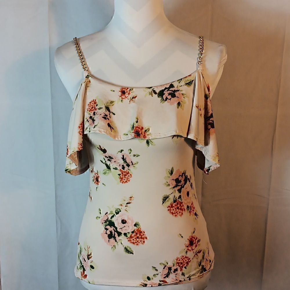 First Love Cold Shoulder Chain Straps Floral Top